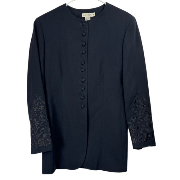Vintage 80s 90s Ann Taylor Size 8 Long Blazer Black Wool Embroidered Sleeves - Picture 1 of 10